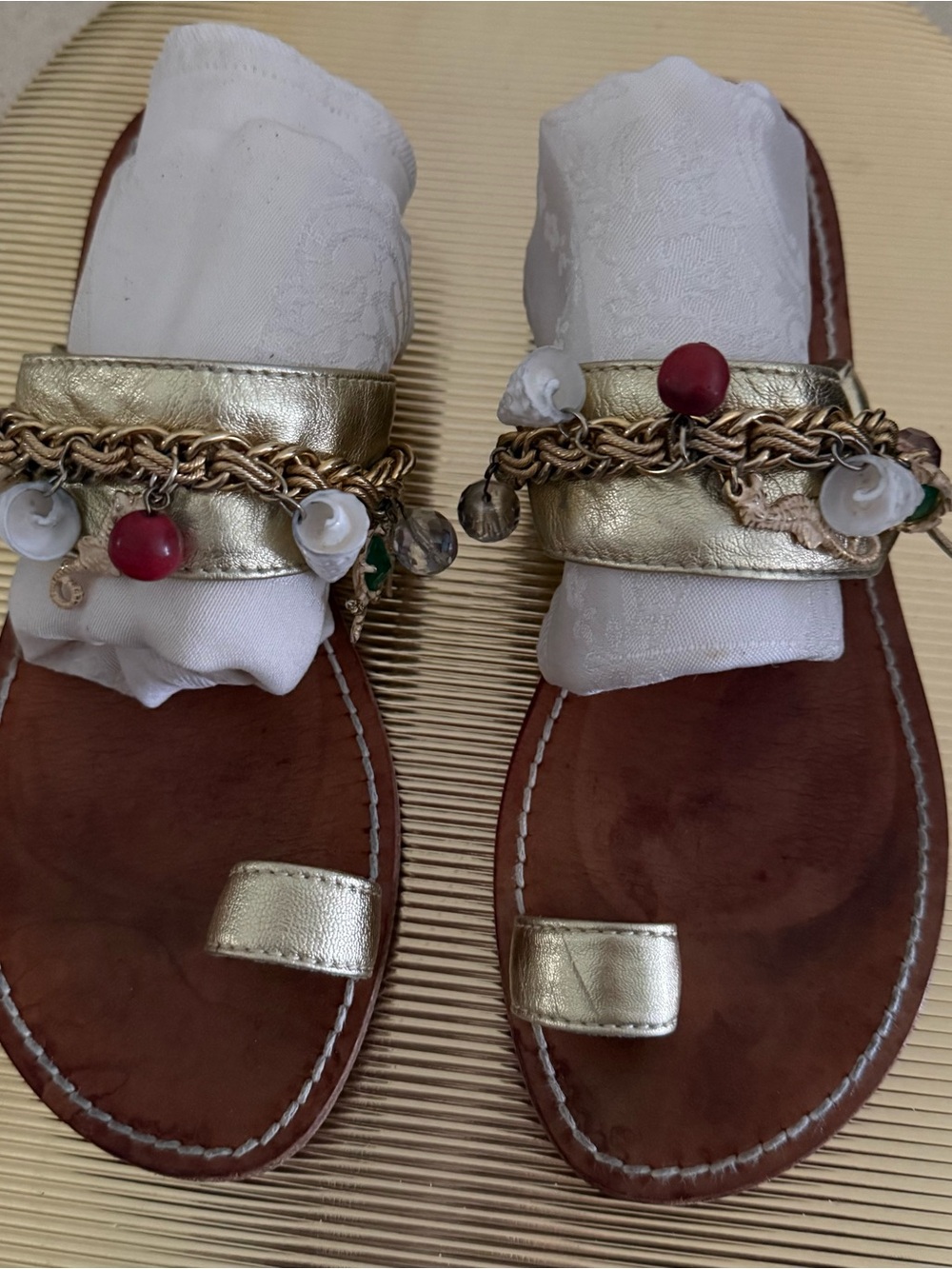 Gold Beaded Toe-Ring Sandals with Beach Charm Accents